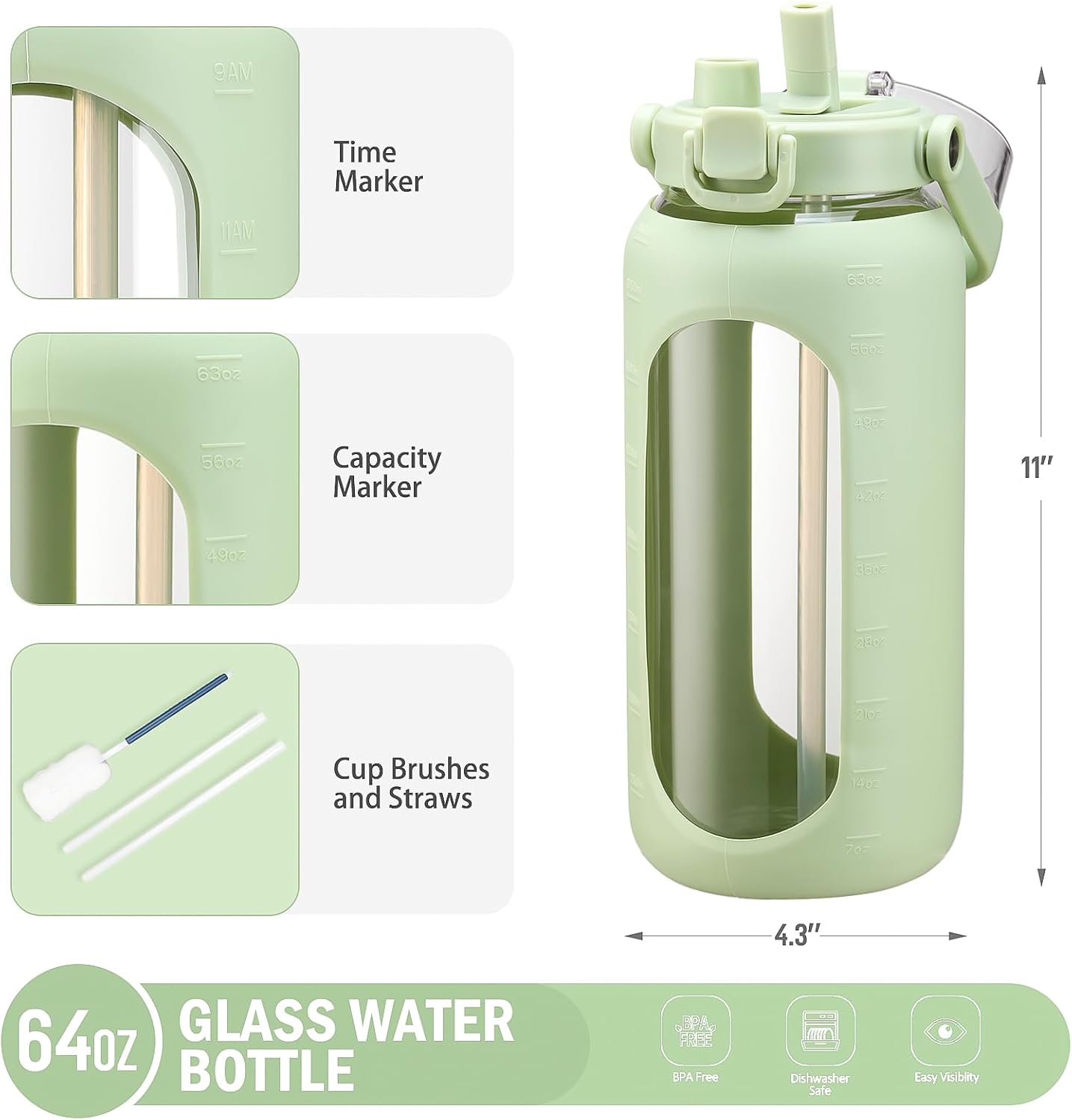 Detalle 2 de BLUEGO 2000ml Glas-Trinkflasche mit Strohhalm 📗