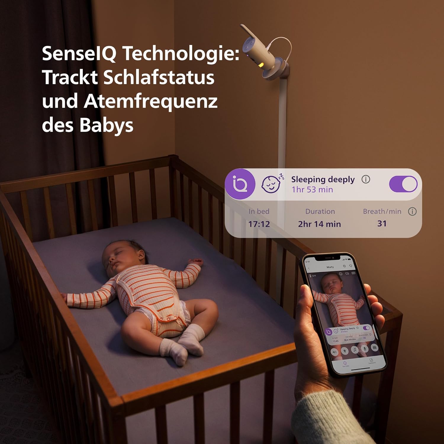 Detalle de PHILIPS Avent Premium Connected Babyphone mit App – 1080p Kamera, KI-Schlaf-/Atemtracking, DEKRA-zertifiziert