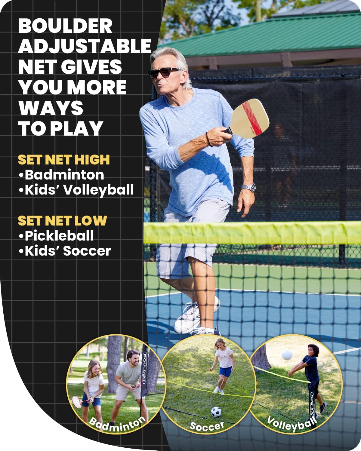 Detalle de Boulder Portable Badminton Pickleball Net with Foldable/Extendable Poles (Up to 5 ft) – All-in-One Backyard Sports Set