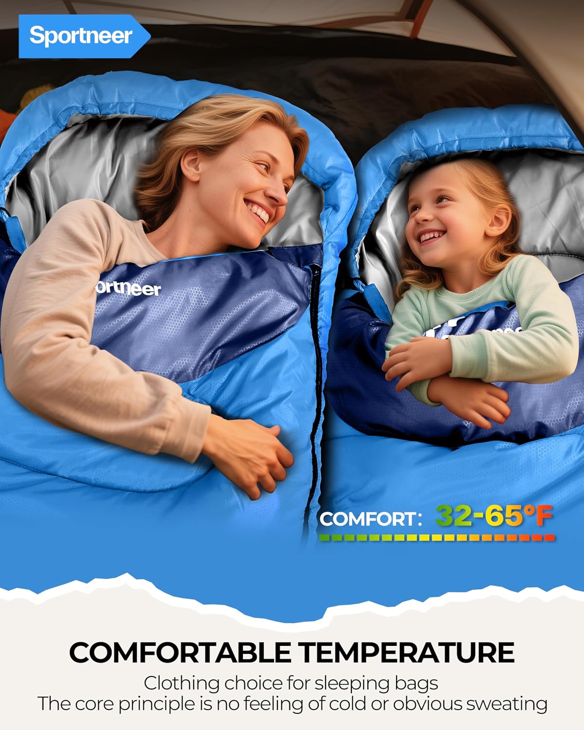 Detalle de Sportneer 3-Season Sleeping Bag with Compression Sack, Two-Way Zipper