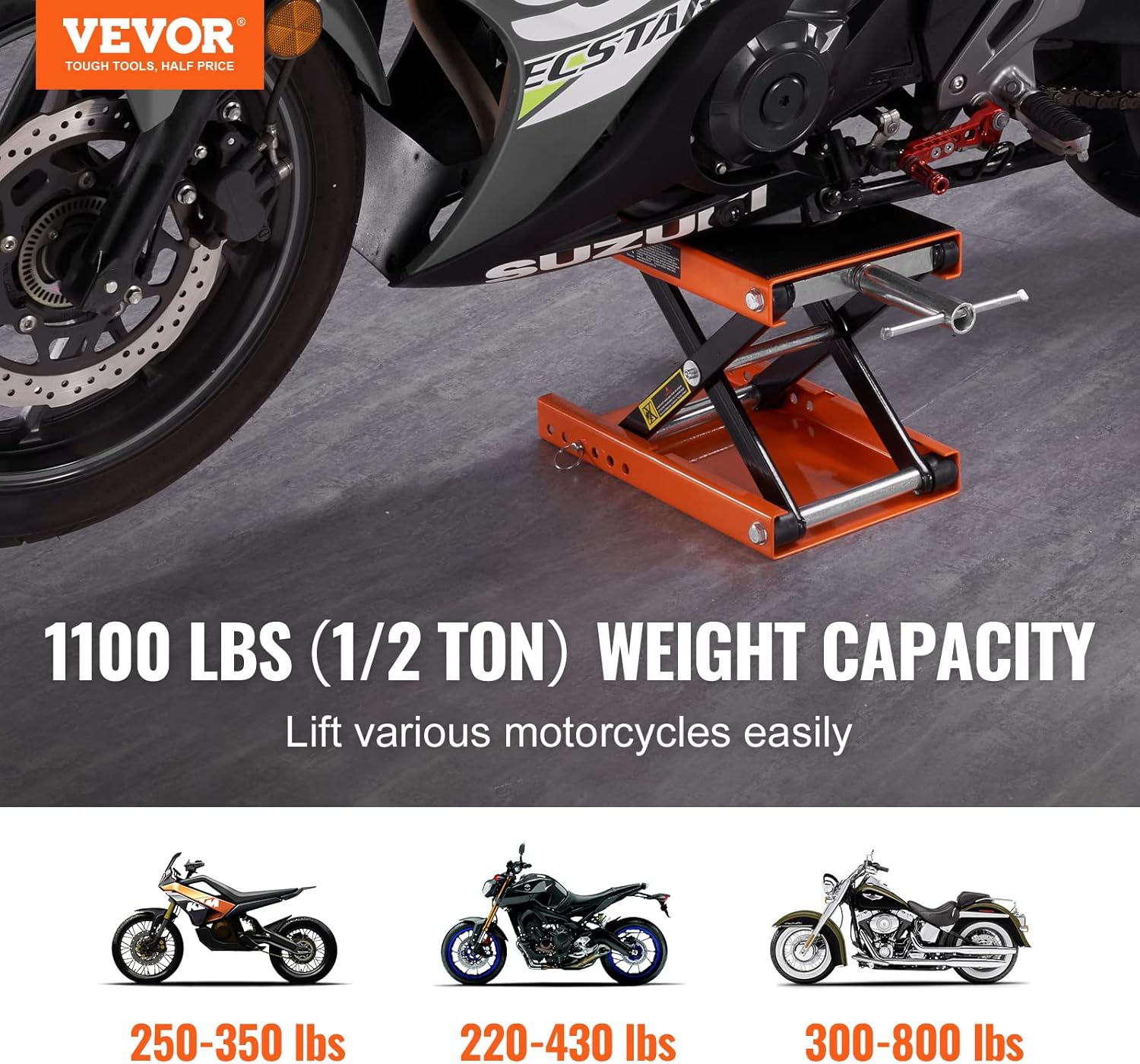 Thumbnail 1 de VEVOR Motorcycle Lift 1100 LBS Scissor Jack with Wide Deck & Safety Pin