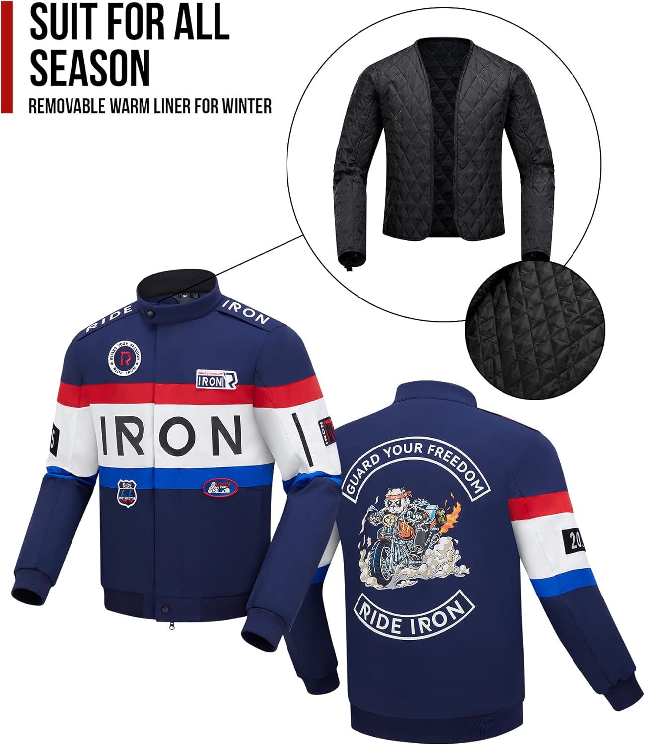 Thumbnail 5 de RIDEIRON Giacca Moto Uomo con Protezioni CE – 4 Stagioni, Fodera Termica Rimovibile, Design con Ricami