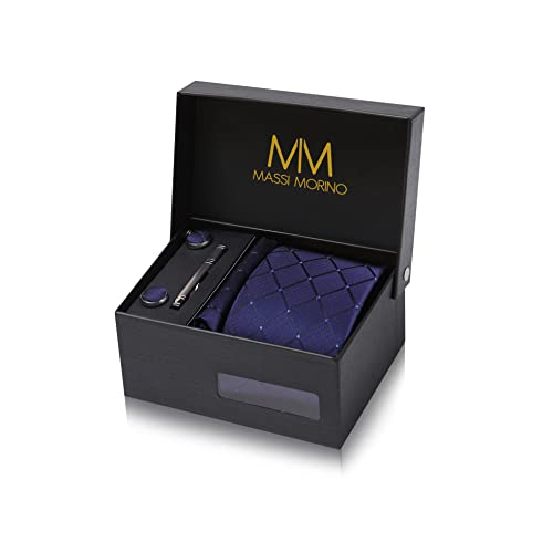 Detalle de Massi Morino Set 5 en 1: Corbata Azul de Cuadros con Pañuelo y Accesorios para Hombre (Regalo de Boda)