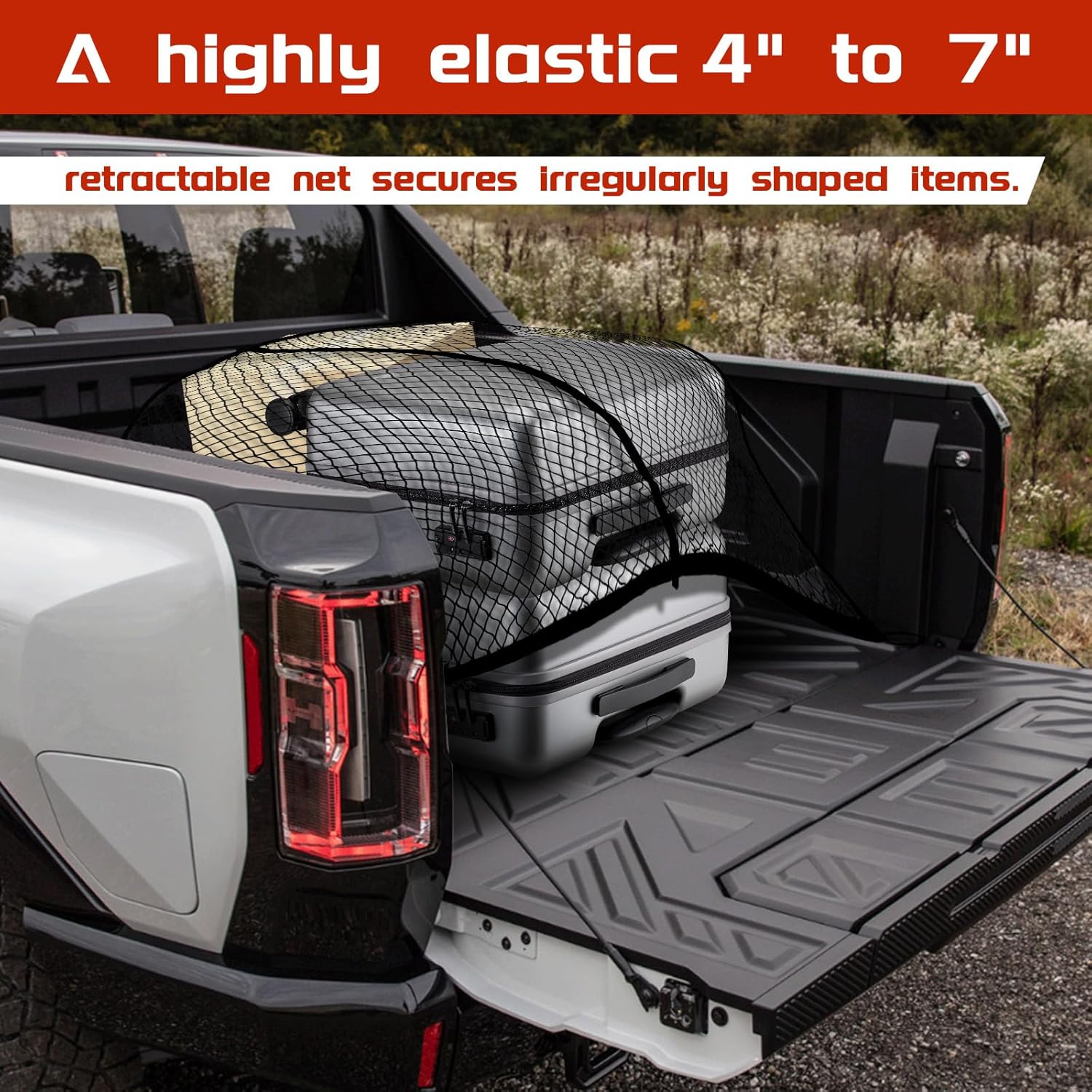 Detalle 2 de Dayacoco Highly Elastic Cargo Net for Pickup Truck Beds (122x122cm to 213x213cm) with 8 Rustproof Buckles