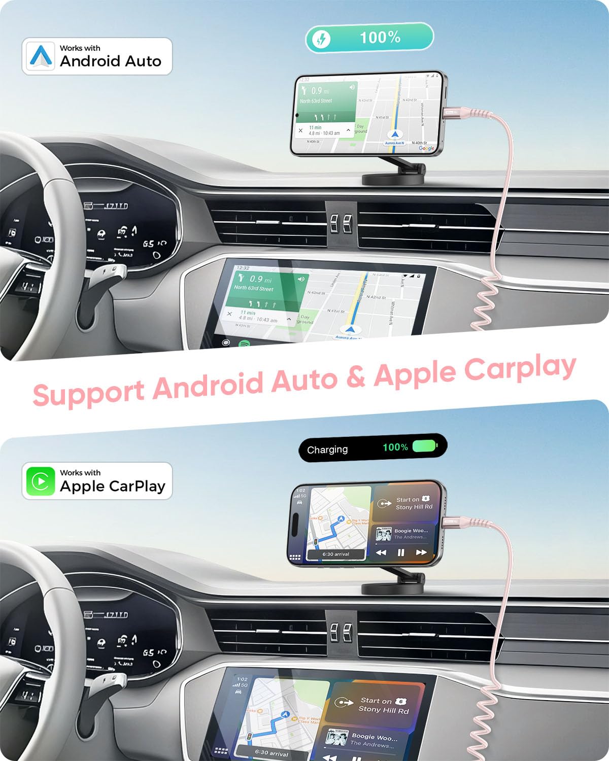 Thumbnail 2 de Câble en spirale USB C SUNGUY (1,8 m) pour voiture : USB-A vers USB-C, données jusqu’à 480 Mbps, rose