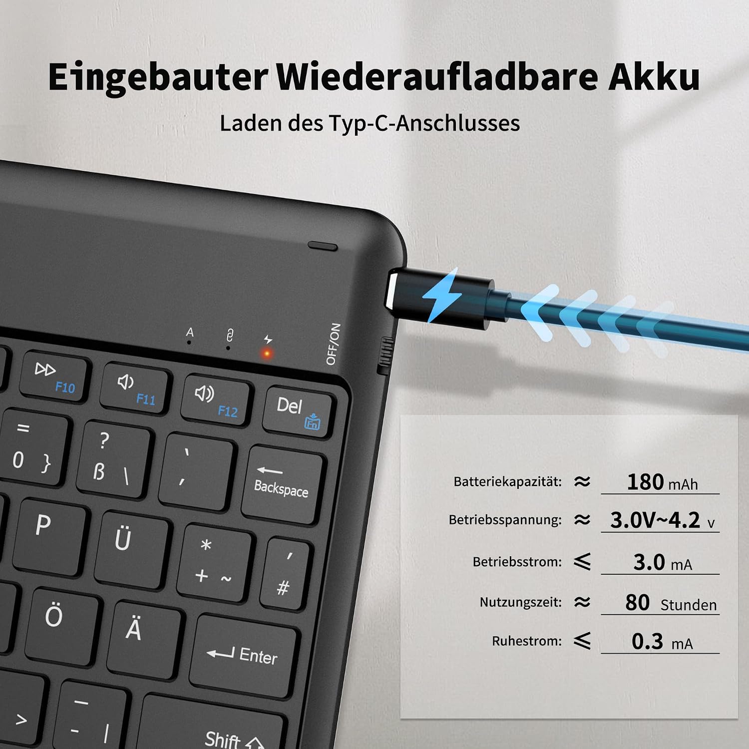 Detalle 2 de EasyAcc Deutsche Bluetooth-Tastatur für Windows, Android & iOS Tablets (QWERTZ, ultradünn, schwarz)