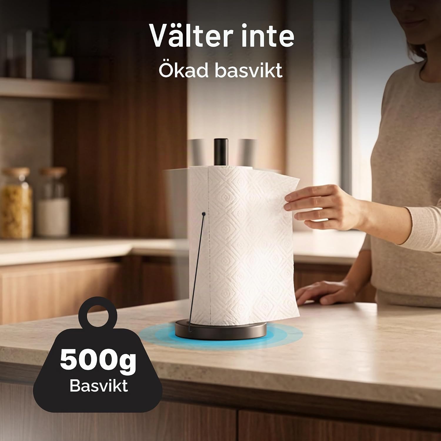 Detalle 2 de Minismus fristående köksrullehållare i svart rostfritt stål med avrullningsarm