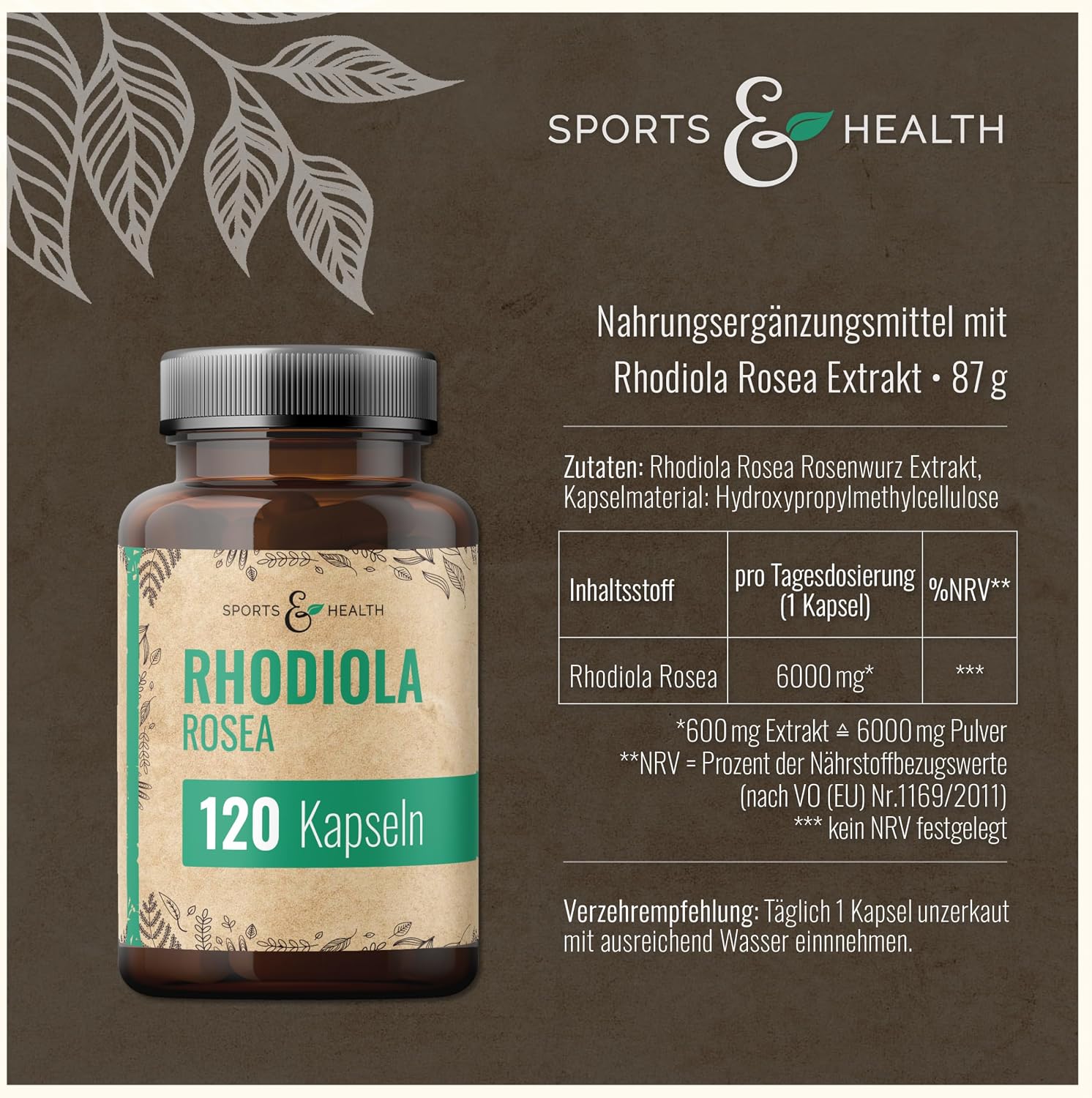Detalle de Rhodiola Rosea Kapseln hochdosiert (120 Kapseln, 500 mg pro Tagesdosis) – Rosenwurz Extrakt 10:1