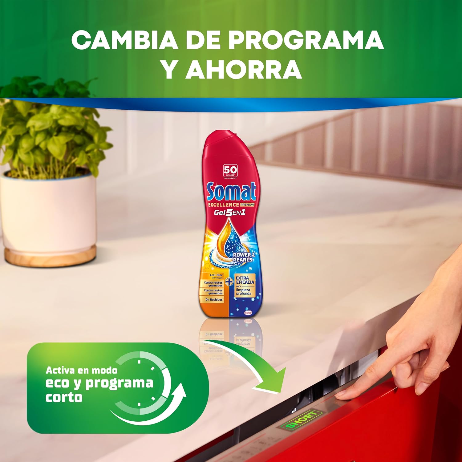 Detalle 2 de Somat Excellence Duo Gel Frescor Anti-Olor (2x560 ml) detergente lavavajillas todo en 1 con vinagre