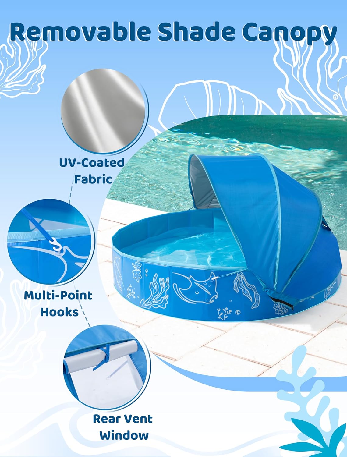 Detalle de Hikiddy Foldable Kiddie Pool with Canopy (63in) — Portable family splash pool with removable sun shade