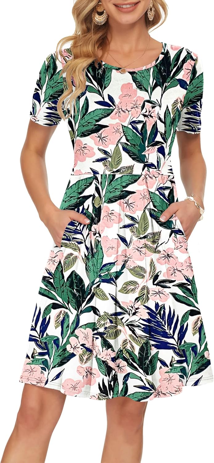 Thumbnail 6 de AUSELILY Damen Kurzarm Plissee Loose Swing Freizeitkleid mit knielangen Taschen