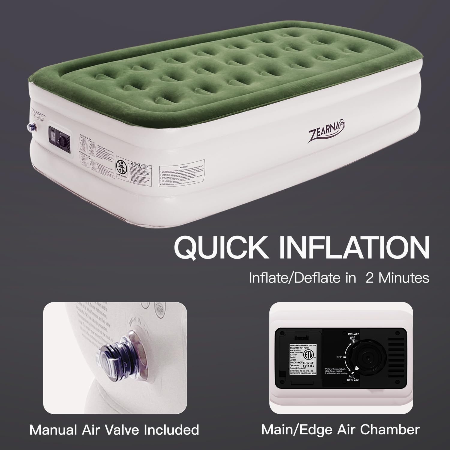 Thumbnail 4 de Zearna Single Air Bed with Built-In Pump (190x100x40cm): Quick Inflation, Stable Support