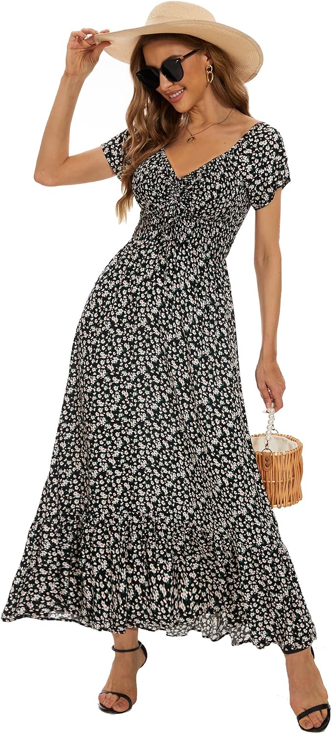Detalle de Summer Floral Smocked Maxi Dress for Women (2026) – Rayon Boho Tiered A-Line Beach & Party Dress