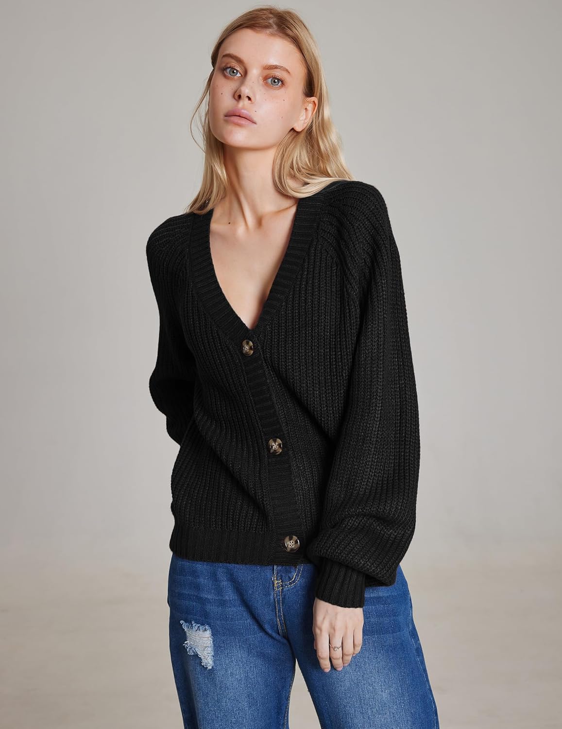 Thumbnail 1 de Hotouch Damen Kurz-Strickjacke mit V-Ausschnitt und Knopfleiste (Cardigan mit offenem Vorderteil)