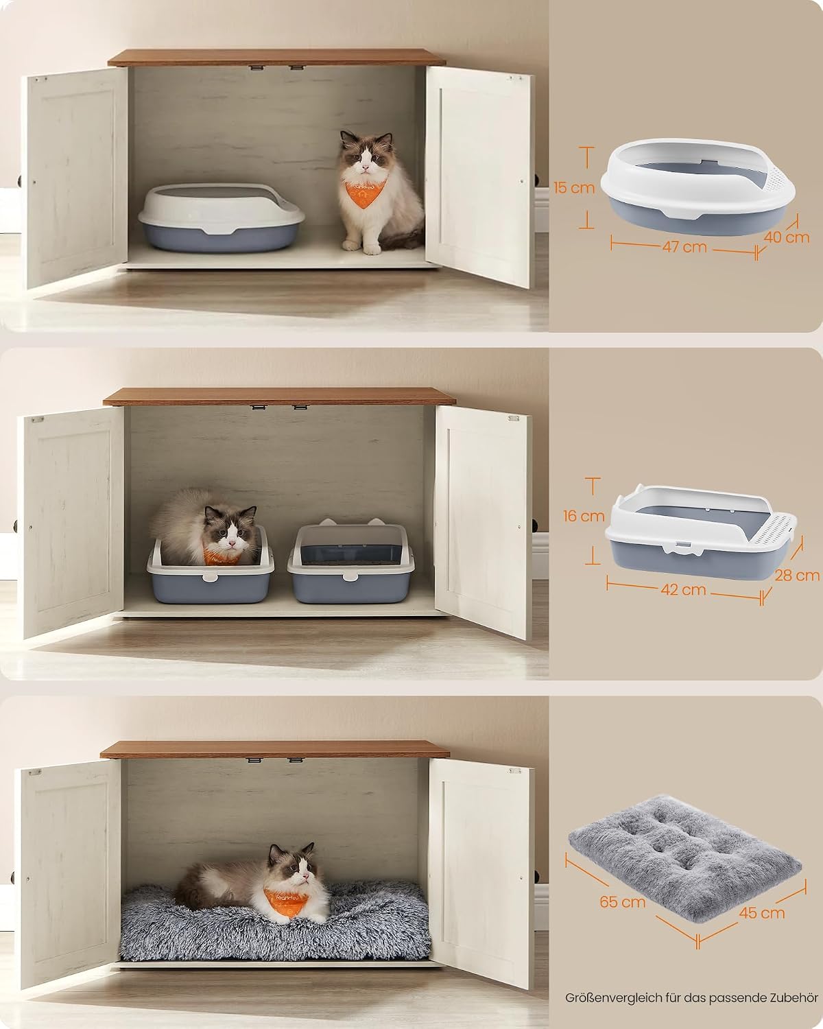 Detalle de Feandrea Katzenhaus: Katzenklo-Schrank, Tisch 70 x 50 x 50 cm in Honigbraun-Vintageweiß