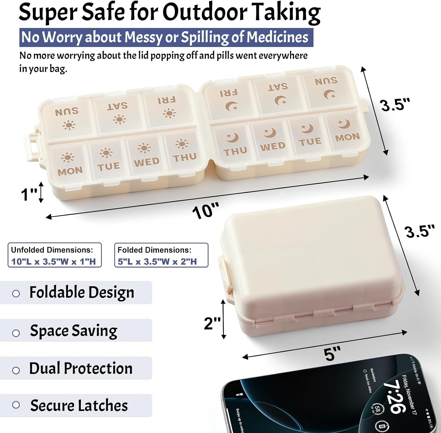 Detalle de NEW Foldable & Double Protection Weekly Pill Organizer with Etched Labels (Khaki)