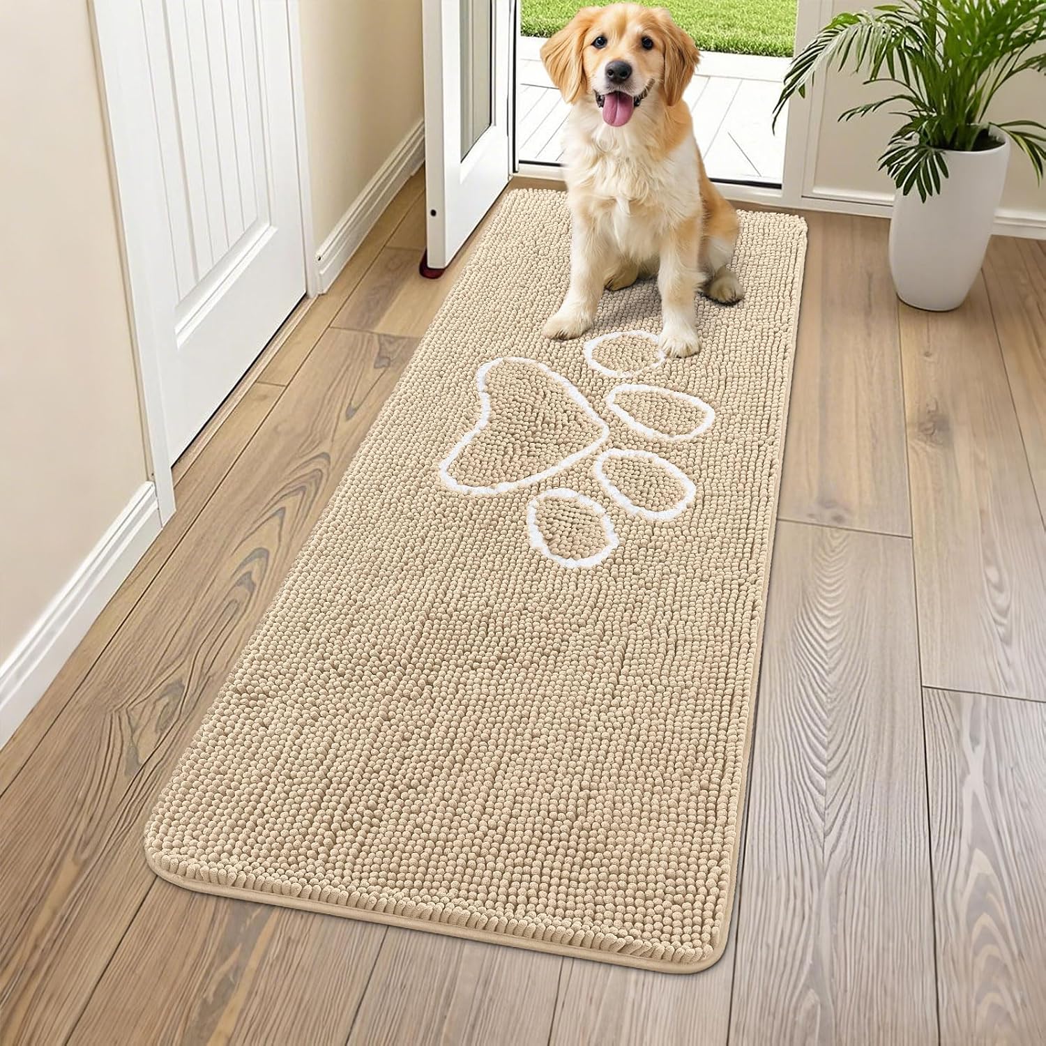 Detalle de Smiry 59 x 20-Inch Chenille Dog Door Mat, Beige and White