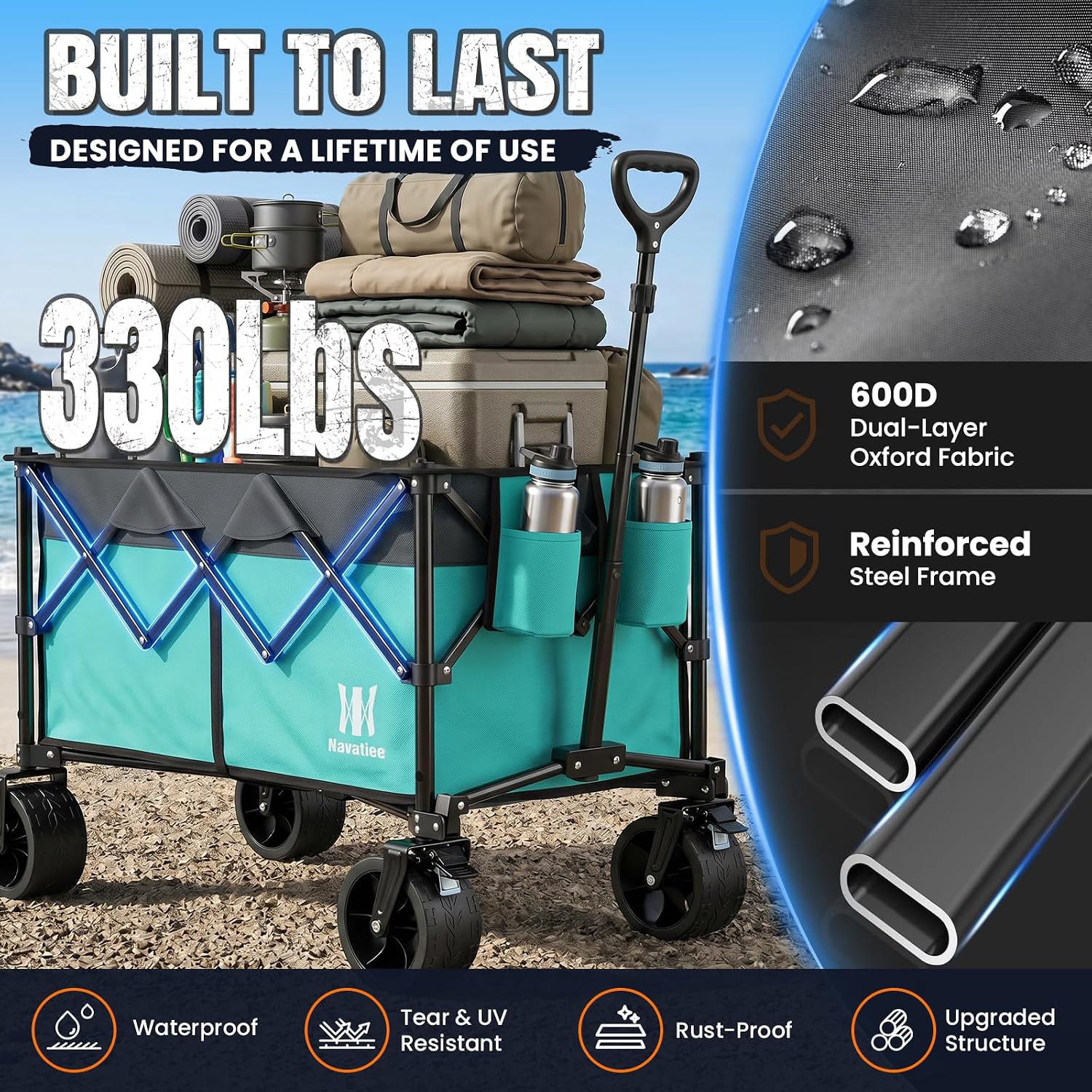 Detalle 2 de Navatiee 165L Folding Wagon, 330 lb Capacity, All-Terrain Wheels & Brakes