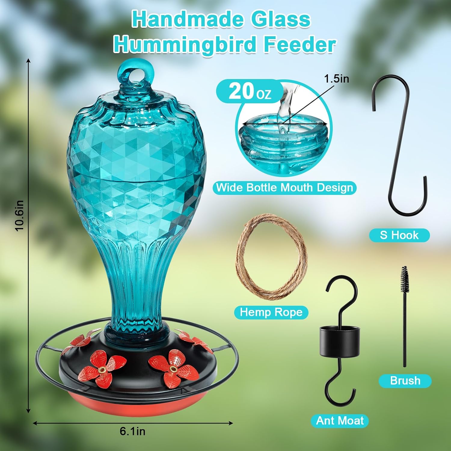 Thumbnail 1 de Jarkyfine 03 Glass Hummingbird Feeder, 20 oz Blue Fish-Scale Design