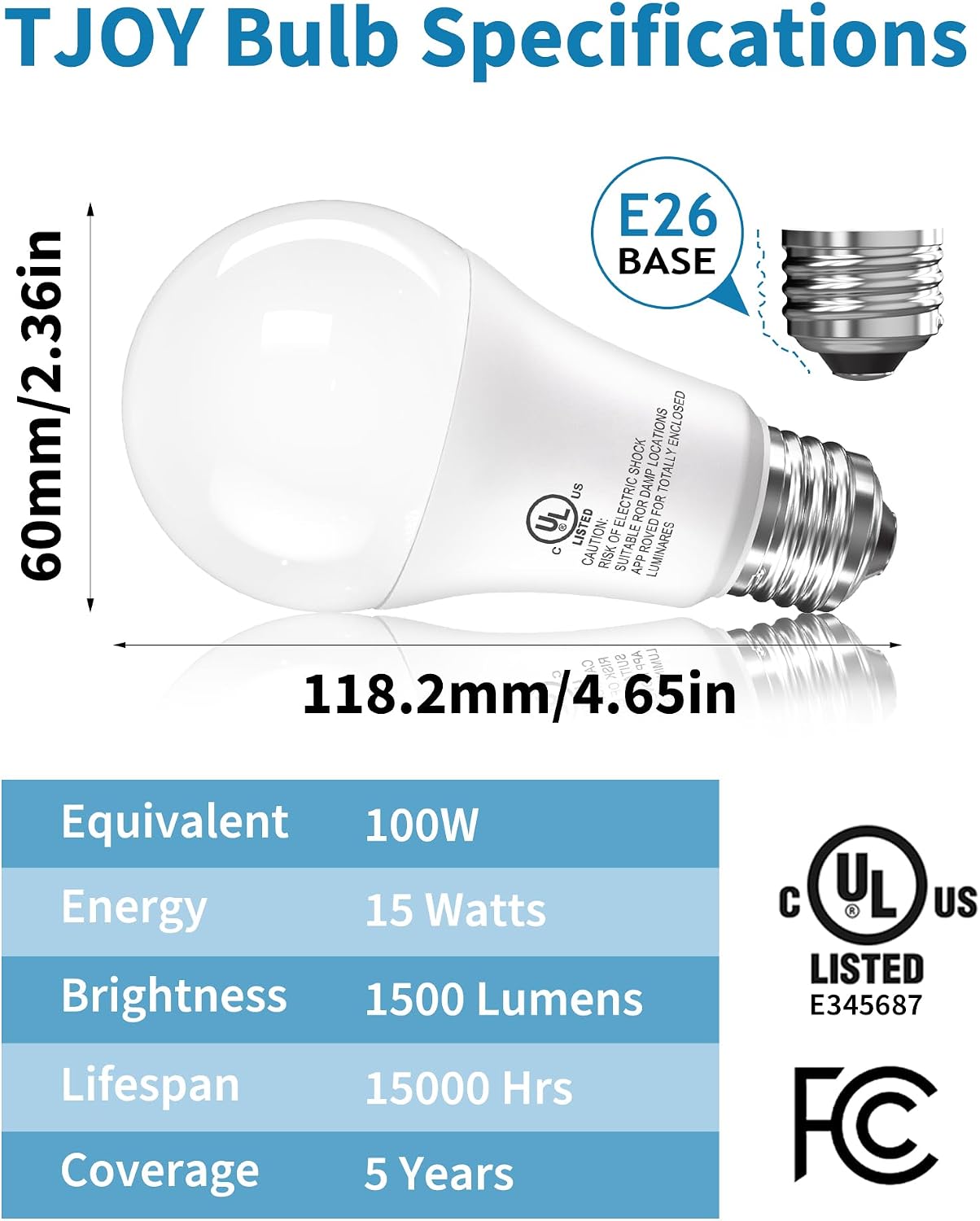 Detalle de TJOY QANNB2 A19 LED Bulbs, 12-Pack, 5000K Daylight, 1,500 Lumens