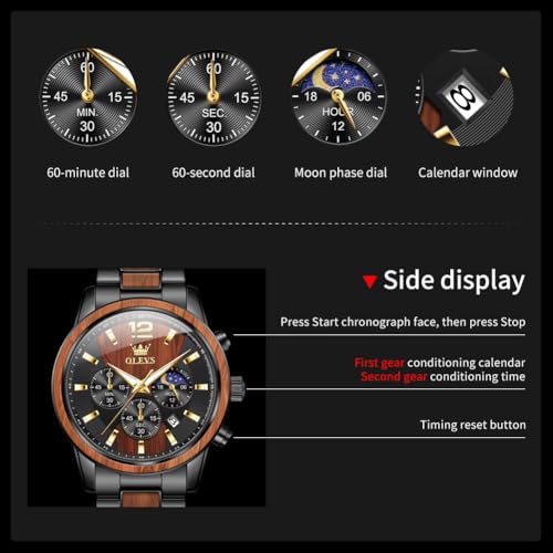 Detalle de OLEVS Montre chronographe Homme à Quartz Japonais – Bracelet Bois Massif ou Acier Inoxydable, 30 m – Bois de Santal Rouge 3645