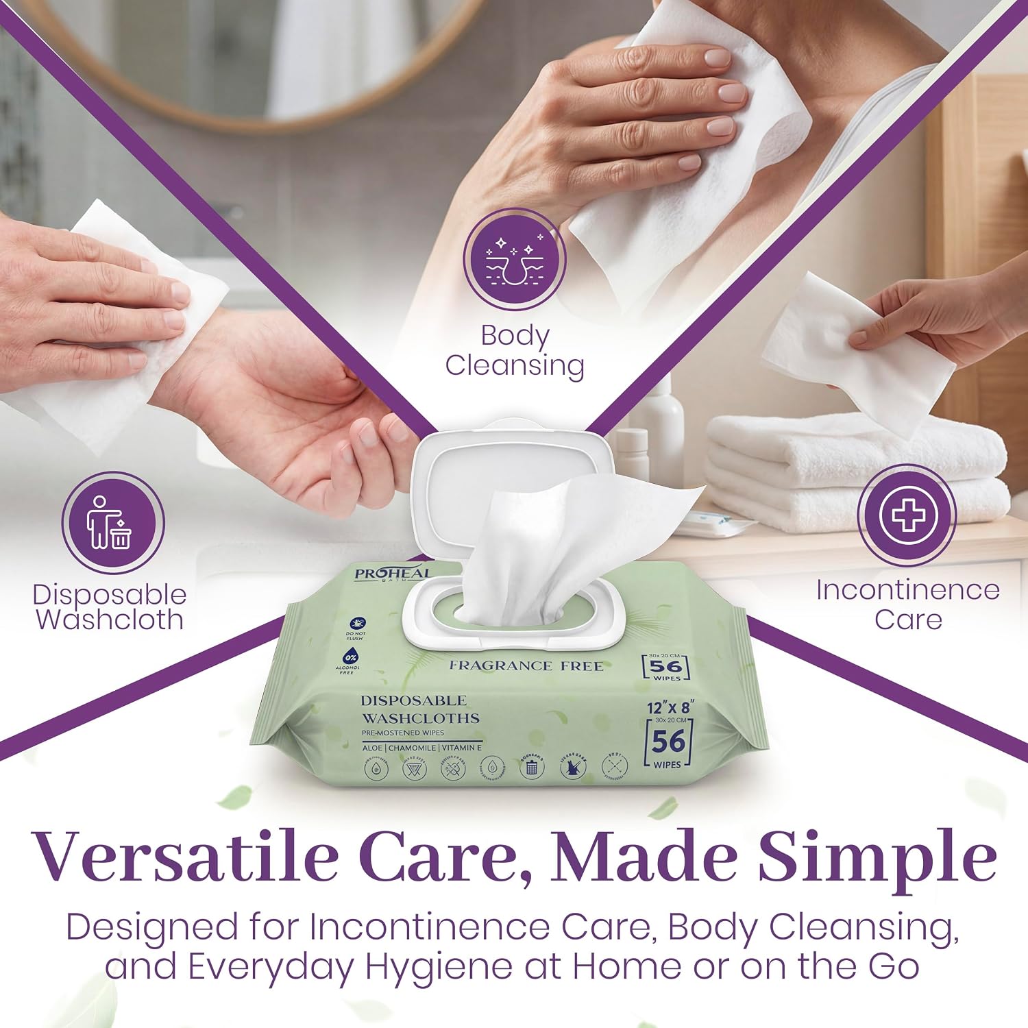 Detalle de ProHeal Extra Large Adult Wipes for Elderly — 6 packs of 56 (336 wipes) | 12" x 8" No Rinse, Fragrance Free