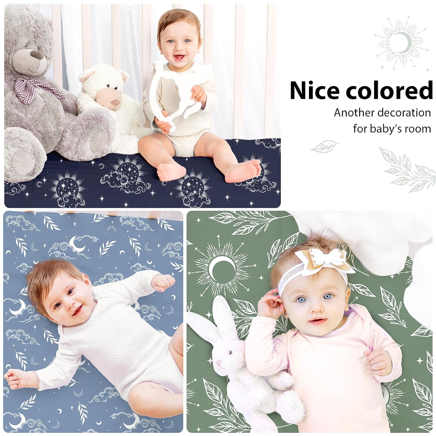 Thumbnail 5 de FIEMOL 3-Pack Fitted Baby Crib Sheets – Green Starry Sky, 52” x 28” (Standard Crib/Toddler Mattress)