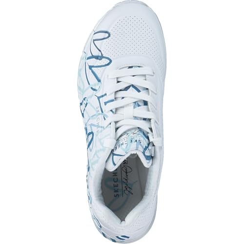 Detalle de Skechers Damen UNO Spread the Love Trainer – Weiß Duraleather mit blauem Herzprint, Größe 38 EU