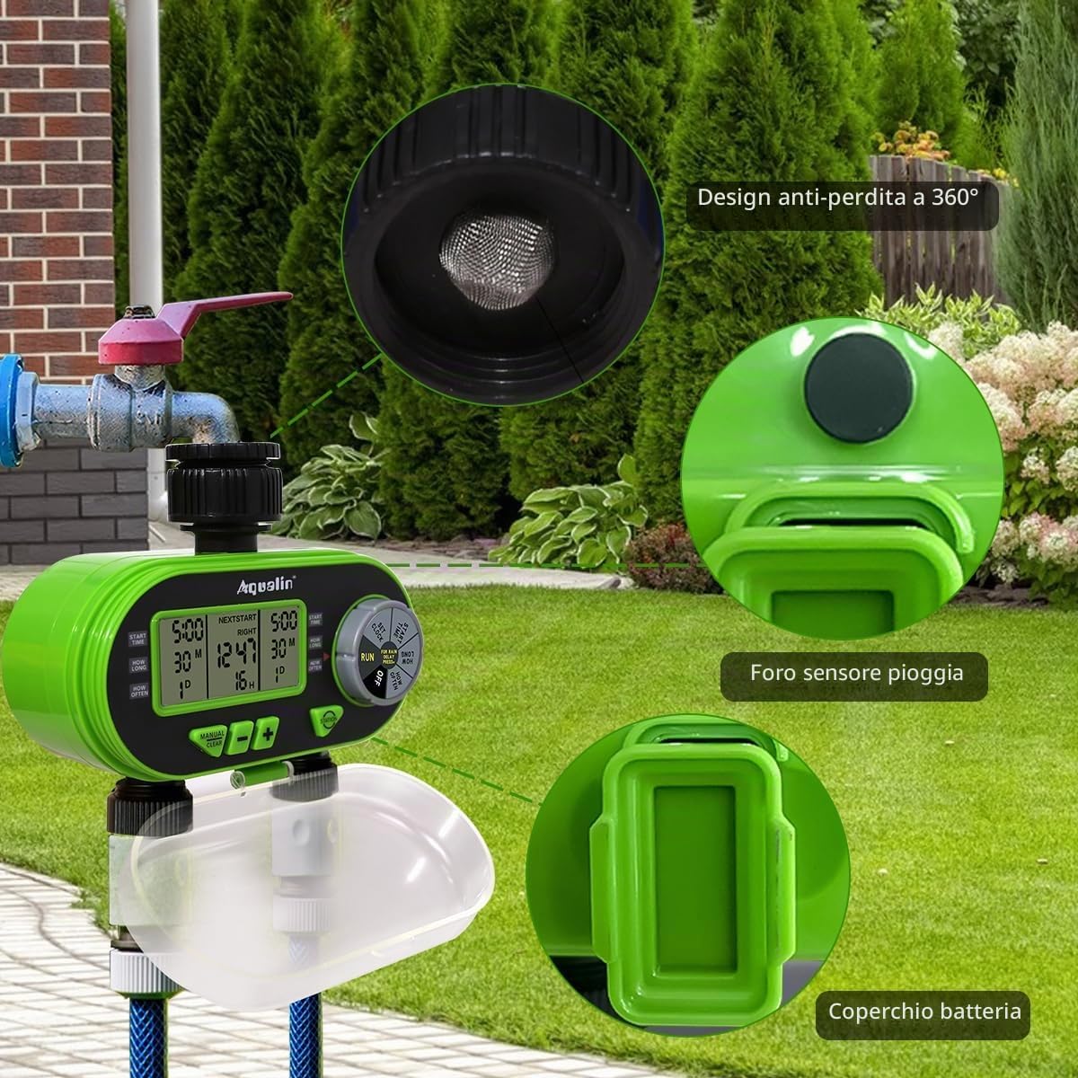 Detalle 2 de Aqualin Centralina Irrigazione 2 vie con orologio da giardino e schermo LCD