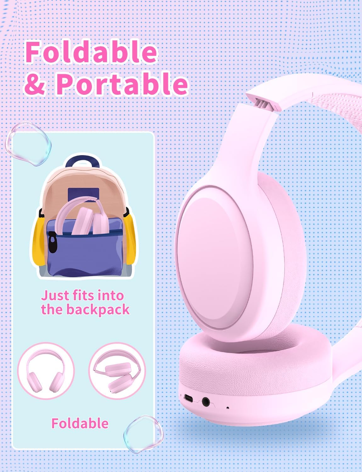Thumbnail 6 de Xunpuls Kinder-Bluetooth-Kopfhörer (faltbar, kabellos) mit Mikrofon – Rosa