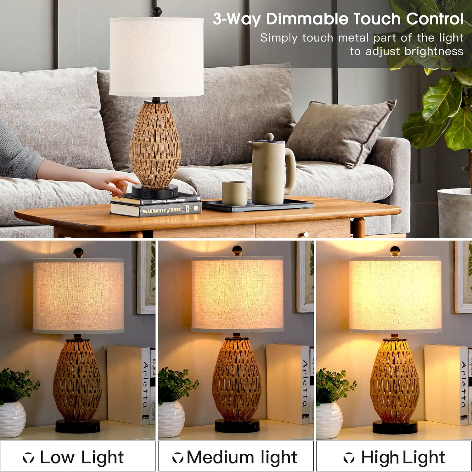 Detalle 2 de CINSARY KN-TL-2201 Rattan Table Lamps, 3-Way Touch Dimming, USB & AC Outlet