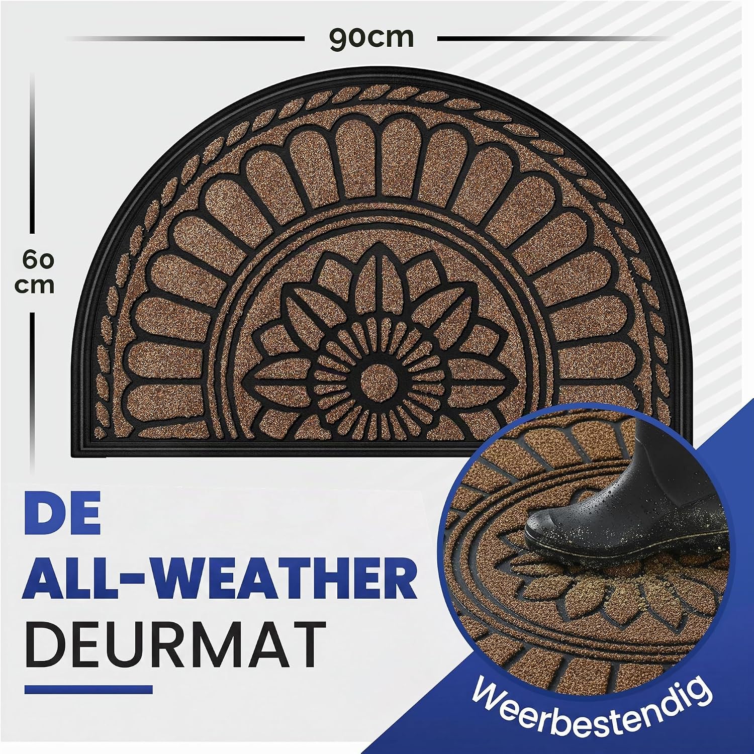 Detalle 2 de Mibao deurmat buiten weerbestendig, halfrond, bruin-beige met rubberen onderkant