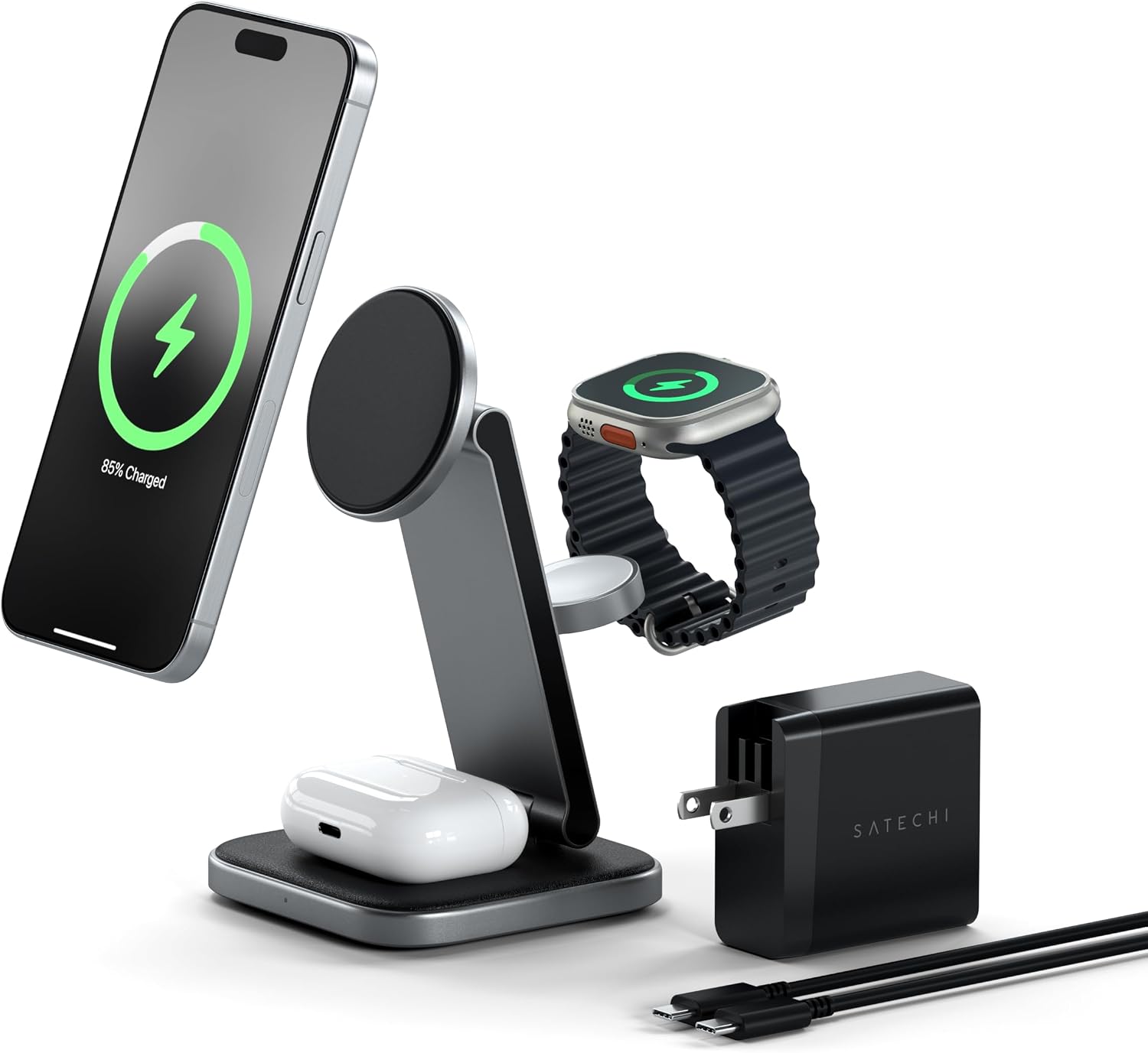 Detalle de SATECHI OntheGo™ Caricatore Wireless Pieghevole 3 in 1 (Stazione di Ricarica Magnetica 15W) certificata Qi2