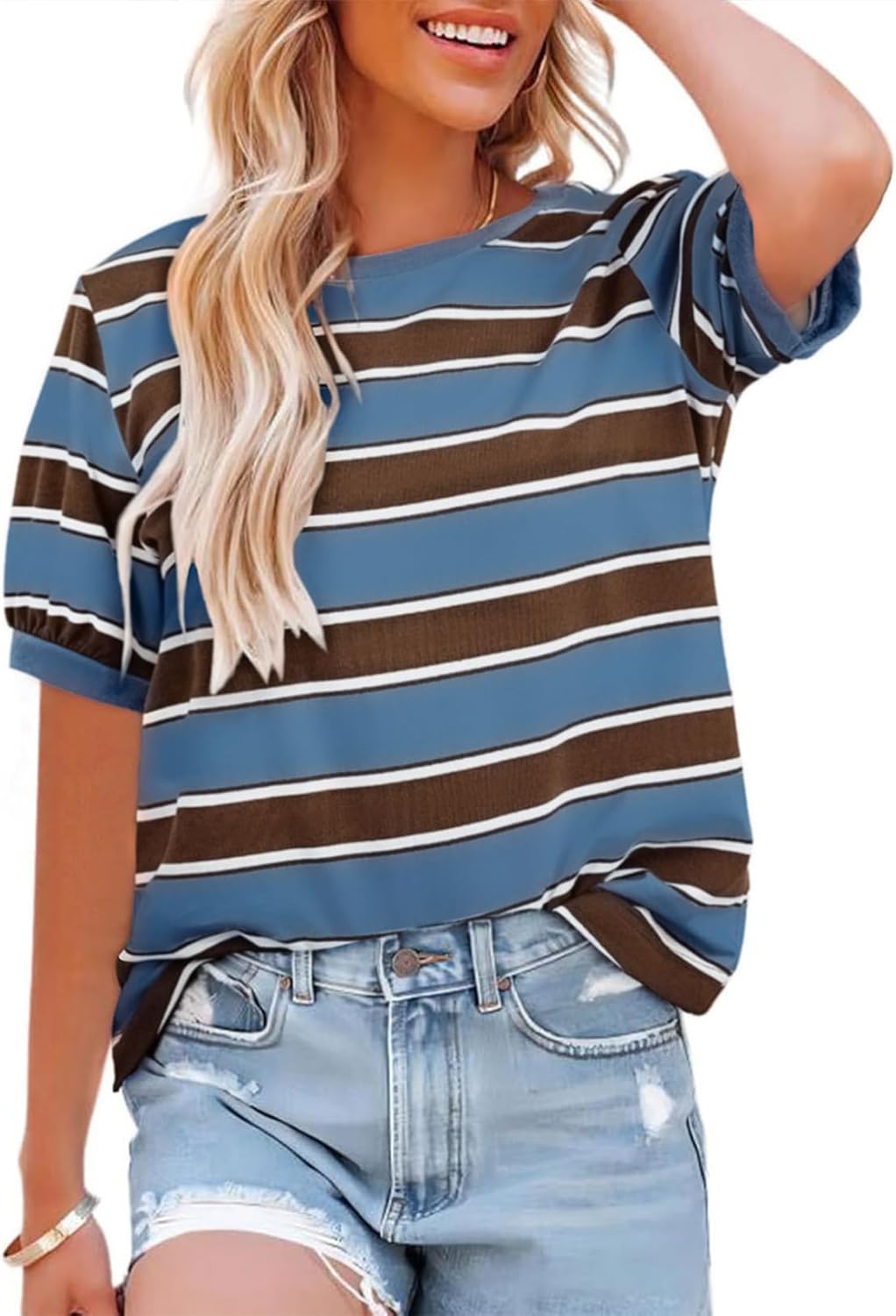 Thumbnail 5 de Cuptacc Damen Rundhals Locker Oberteile – Bunt gestreift, Sommer-T-Shirt aus Baumwolle