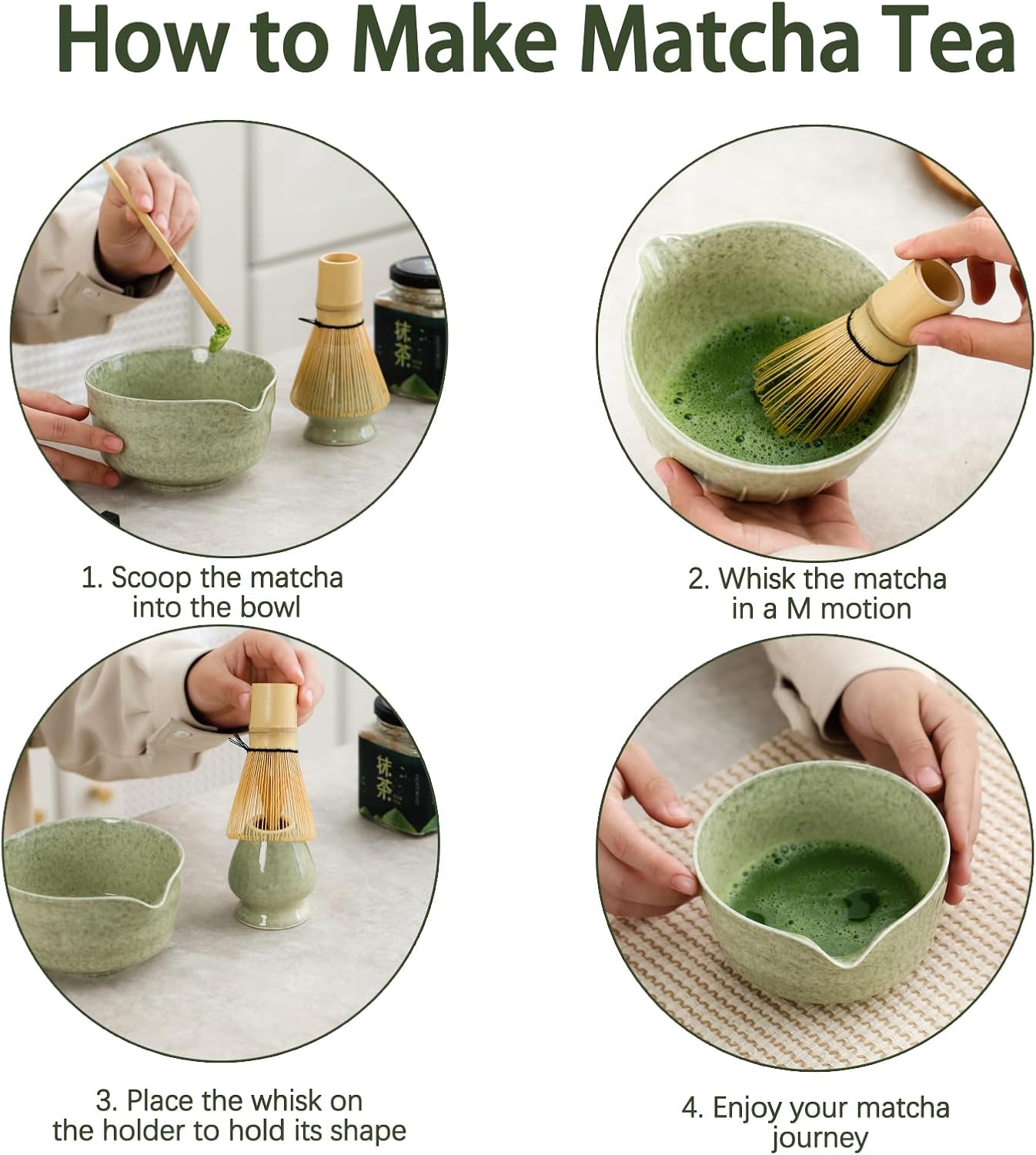 Detalle de Ochcahser Matcha Set with 17 oz Green Ceramic Bowl, Spout and Bamboo Tools