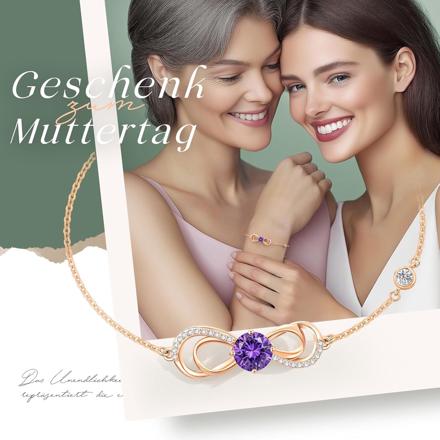 Detalle de CDE Infinity Armband Damen Herz Geburtsstein – Rosegold, verstellbar
