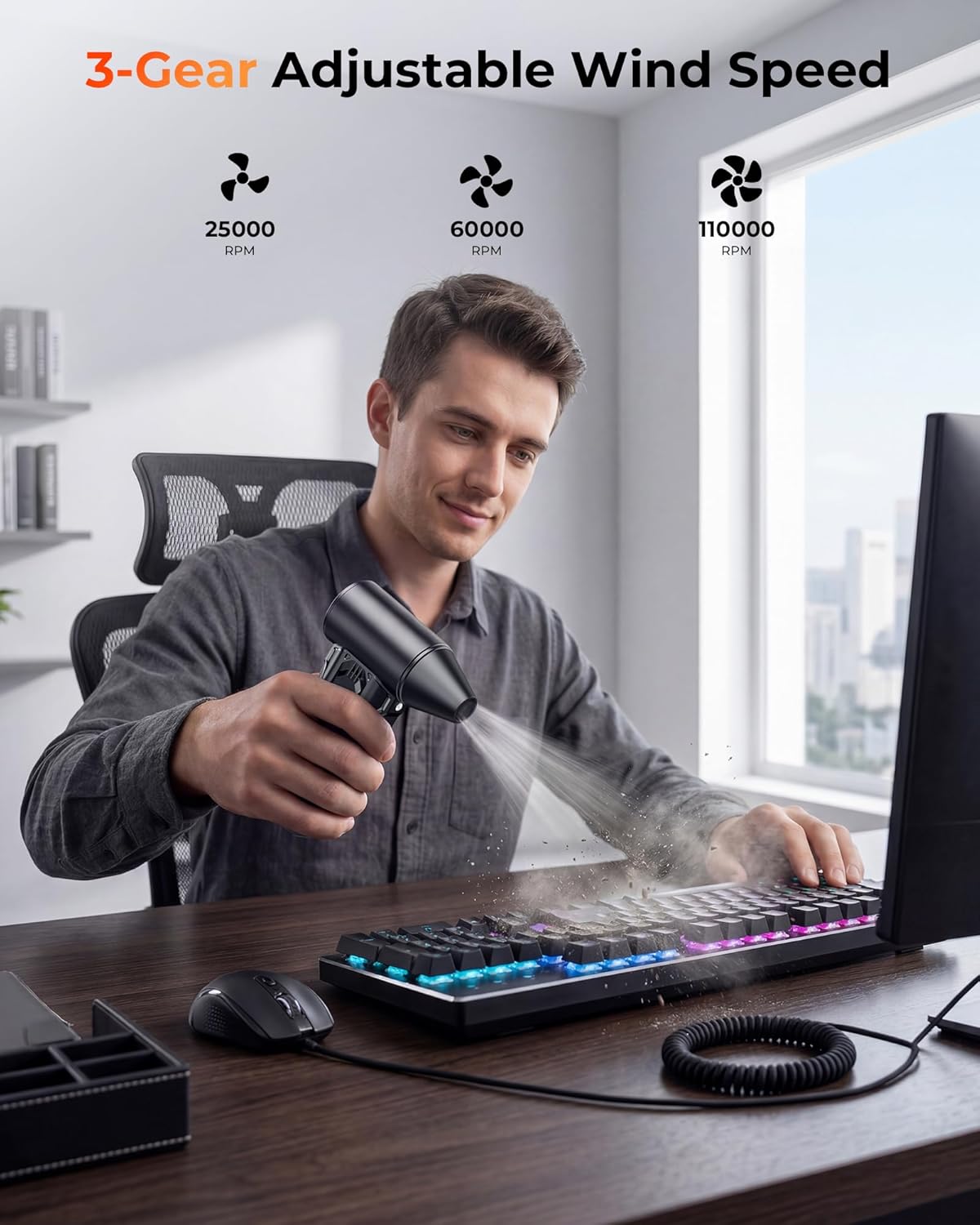 Thumbnail 2 de Compressed Air Duster TF02 (Black) — 110,000 RPM Brushless Cordless Electric Air Blower with 3 Speeds