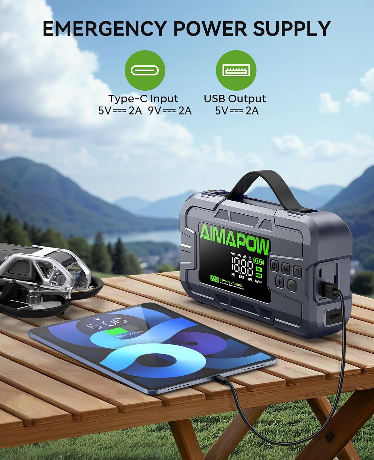 Thumbnail 2 de Car Battery Jump Starter with Air Compressor, 8000A, 160 PSI – 12V Portable, Quick Charge, 270° LED Light