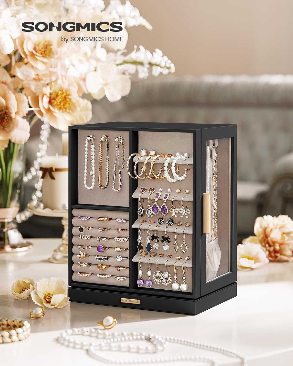 Thumbnail 1 de SONGMICS Boîte à Bijoux Rotative 360° JBC170B01 – Coffret noir graphique avec 5 tiroirs et vitres latérales