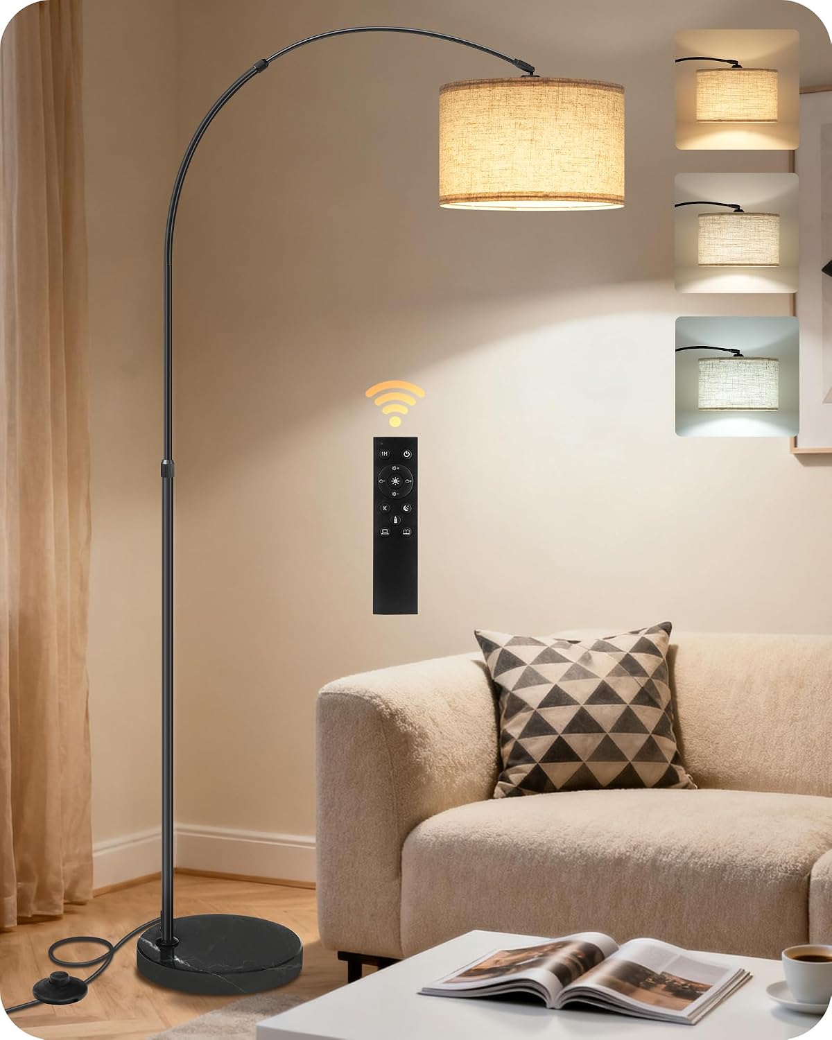 Detalle de GOEBLESON ST-F31107 boogvloerlamp, beige-goud, verstelbaar en dimbaar