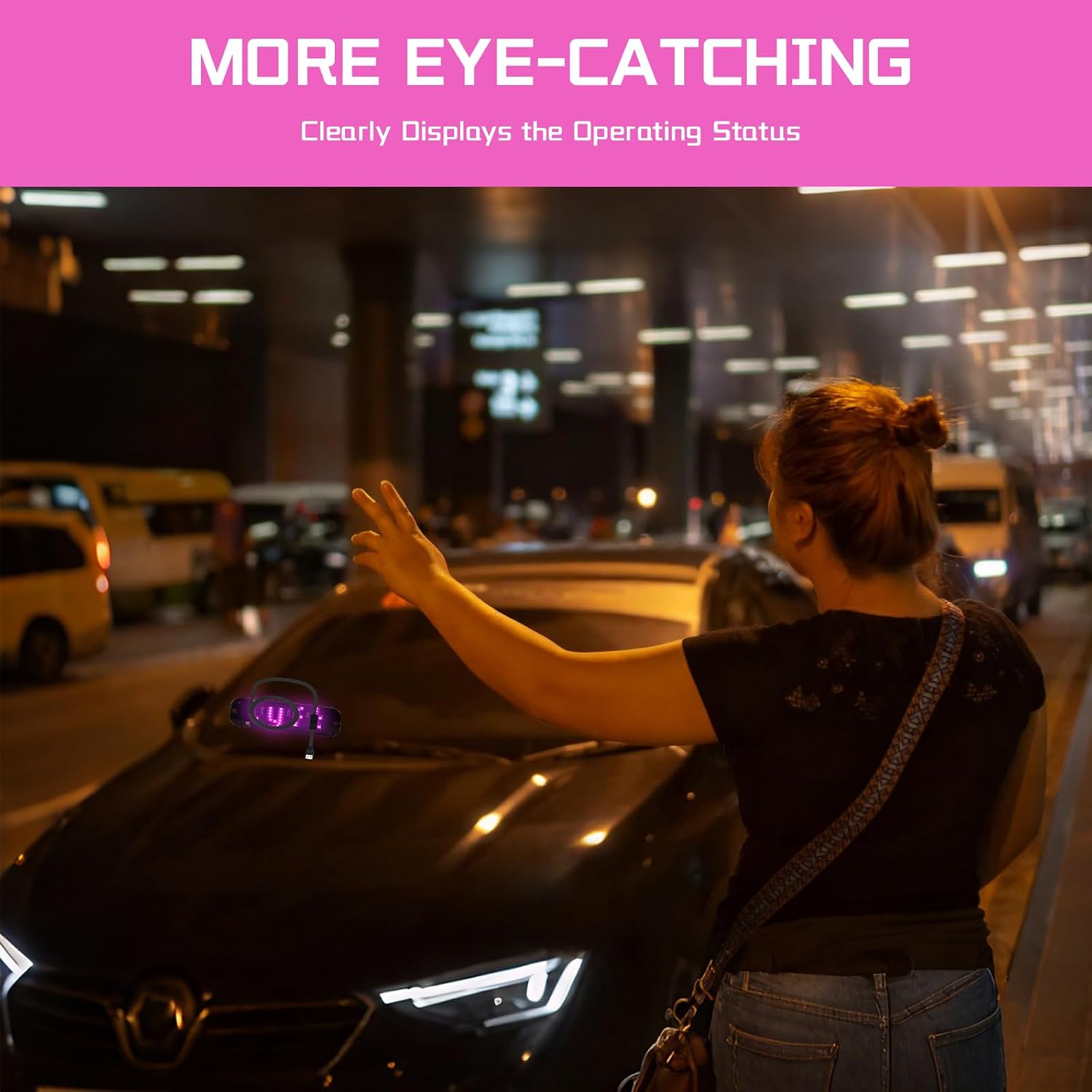 Thumbnail 4 de LED Light for Car Windshield Sign (Pink) with Suction Cups, Hook-and-Loop Cable Ties and USB Plug