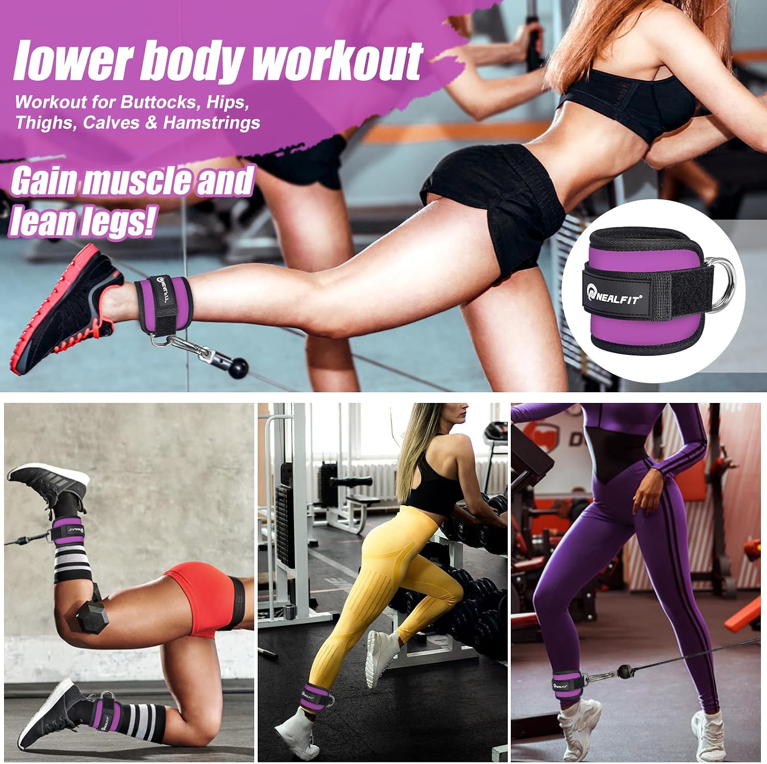 Detalle 2 de NEALFIT Ankle Straps for Cable Machines, 7 mm Neoprene, Purple Pair