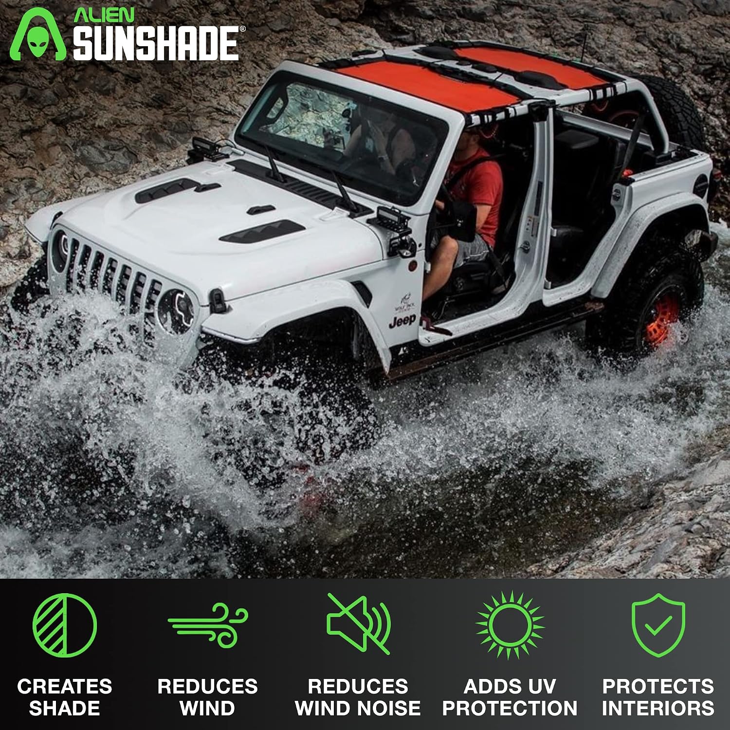 Detalle de ALIEN SUNSHADE Mesh Sun Shade for Jeep Wrangler JLU (2018-2023) — Front & Rear, Blocks UV, Wind & Noise (Black)