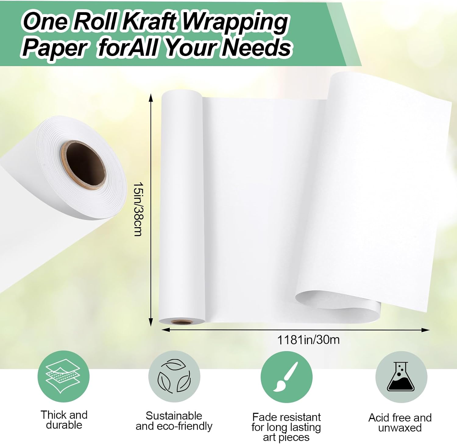 Detalle 2 de Phinus 16NPBZZ005 White Craft Paper Roll, 15 x 1200 Inches, 80 gsm