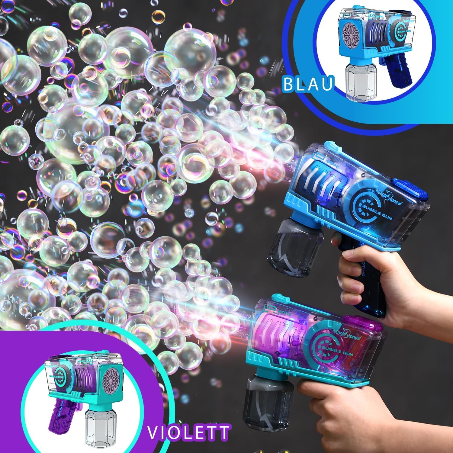 Detalle de EagleStone 2er-Pack automatische Seifenblasenpistole mit 10 Düsen und LED-Licht – Outdoor Spielzeug für Kinder ab 4 Jahren