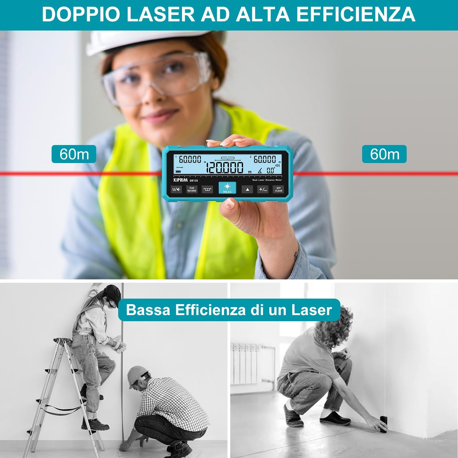 Thumbnail 3 de KIPRIM Metro Laser 120m DR120: misurazione bidirezionale, linea laser verticale e livella elettronica