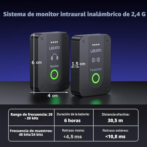 Detalle de LEKATO MS-02: Monitores In-Ear Inalámbricos 2,4G con Transmisor y Receptor