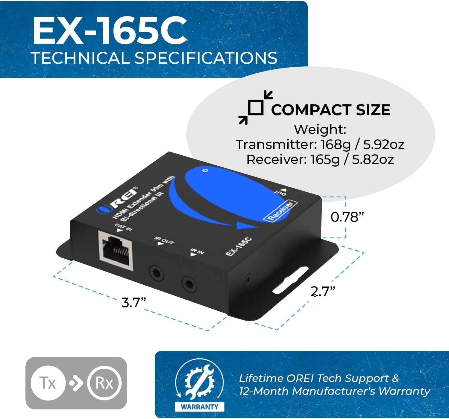 Thumbnail 4 de OREI EX-165C HDMI Extender Over CAT6/CAT7 (165ft) – 1080p@60, Bi-Directional IR, PoC