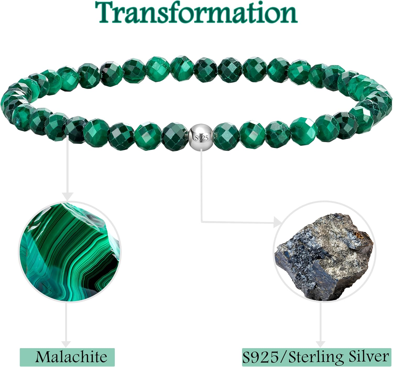 Detalle de Farfume 4mm Edelstein Perlen Armband – Malachit & 925er Silber, elastisch, Naturstein Schmuck für Damen