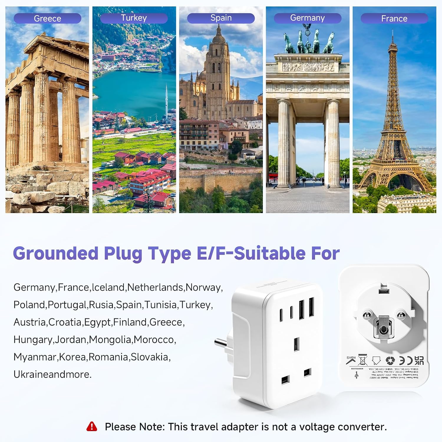 Detalle 1 de UK to EU Travel Adapter with 4 USB Ports (2 USB-C) – Grounded Type E/F Power Plug Converter